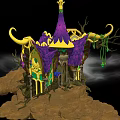 Cartoon Fantasy House Scene With Purple Yellow Spire And Twisted Branches On Rocky Ground