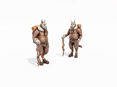 Anthropomorphic Wolf Game Movie Characters Standing in Brown Coats With Backpacks Holding Walking Sticks 3d model