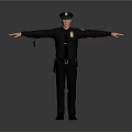 Police Man Wearing Uniform And Hat Standing With Arms Outstretched And Equipment On Gray Background