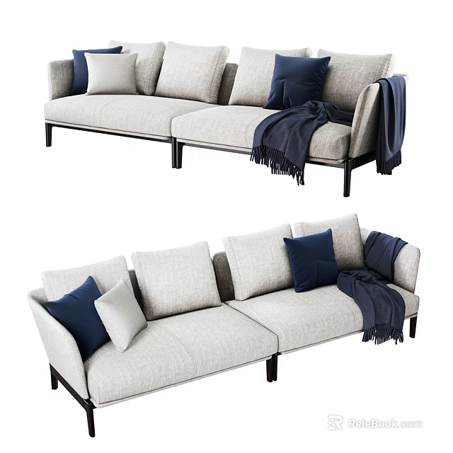 Modern Light Gray Two Seater Sofa With Navy Blue Cushions And Throw Blanket 3d model