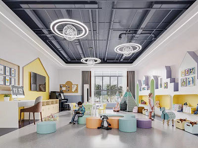 Cheerful Kindergarten Interior With Play Areas Colorful Seats And Lights 3d model