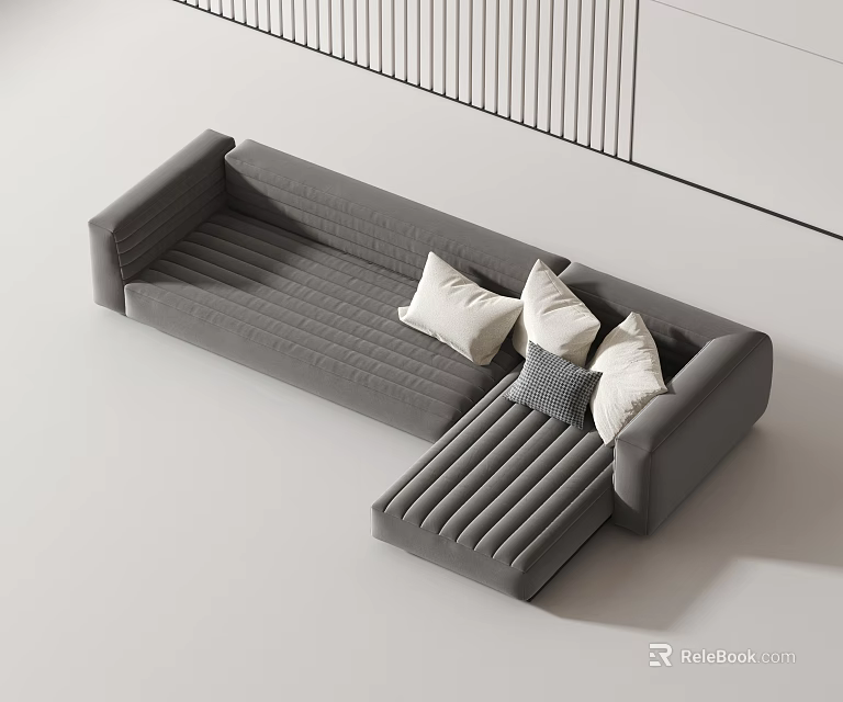 Gray Sectional Sofa With White And Gray Cushions In Modern Minimalist Interior 3d model 