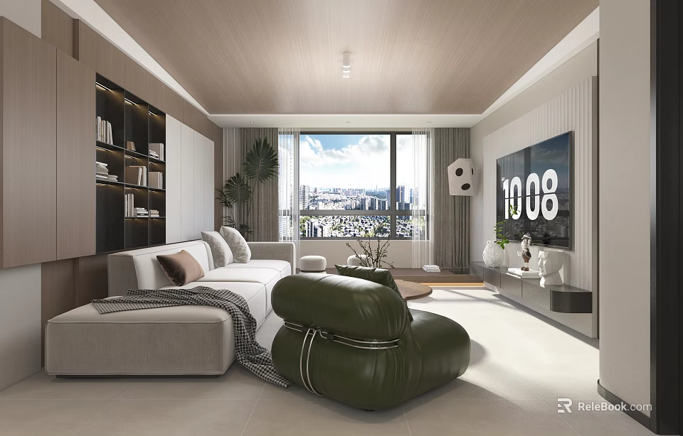 Modern Living and Dining Room Interior With Sofa Bean Bag Chair TV and Large Windows 3d model 