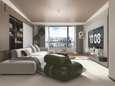 Modern Living and Dining Room Interior With Sofa Bean Bag Chair TV and Large Windows 3d model