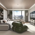 Modern Living and Dining Room Interior With Sofa Bean Bag Chair TV and Large Windows