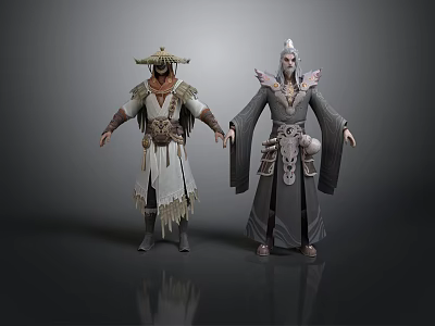 Two Men In Traditional Attire With Straw Hat White Long Hair And Decorative Robes 3d model