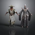 Two Men In Traditional Attire With Straw Hat White Long Hair And Decorative Robes