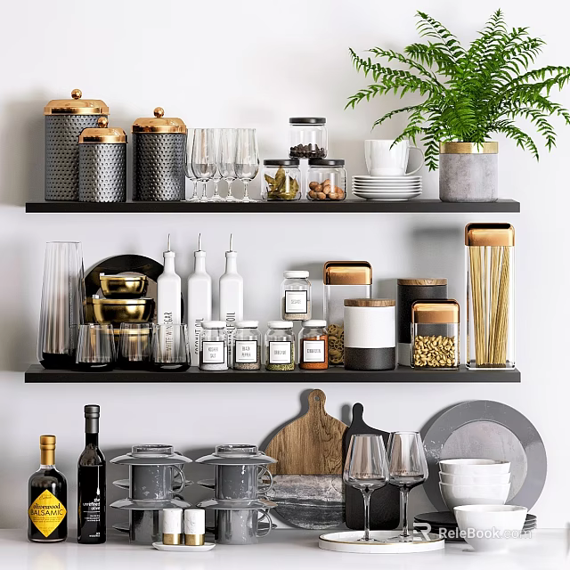 Organized Kitchenware Display on Layered Shelves Featuring Jars Bottles Plates and Green Plant 3d model 