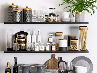 Organized Kitchenware Display on Layered Shelves Featuring Jars Bottles Plates and Green Plant 3d model