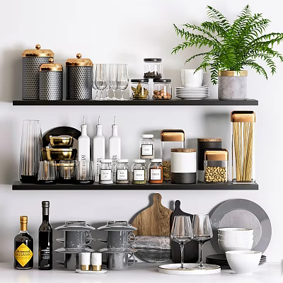 Organized Kitchenware Display on Layered Shelves Featuring Jars Bottles Plates and Green Plant 3d model