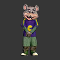 Cartoon Mouse Mascot With Purple C Letter Shirt Green Patchwork Pants White Shoes Hands Crossed