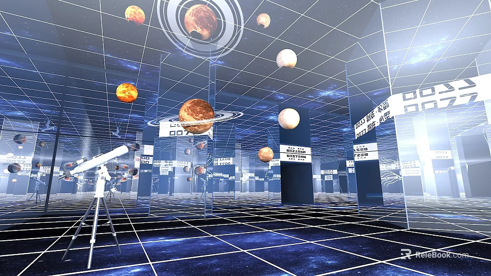 Cosmic Exhibition Space With Telescopes Planets And Grid Structure In Starry Sky 3d model 