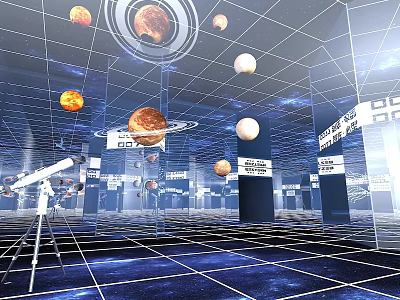 Cosmic Exhibition Space With Telescopes Planets And Grid Structure In Starry Sky 3d model