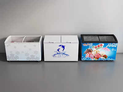 Three Different Designed Freezers With Snowflake Character And Ice Cream Patterns 3d model