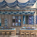 Blue And White Patterned Tile Showroom Featuring Wall Displays Wooden Tables And Chairs