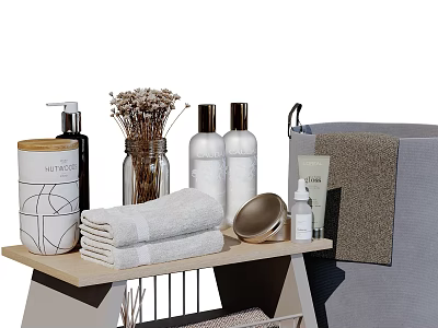 Modern Bathroom Accessories Including Towels Hand Soap Dried Flowers Lotion Bottles Metal Tray Grey Basket 3d model