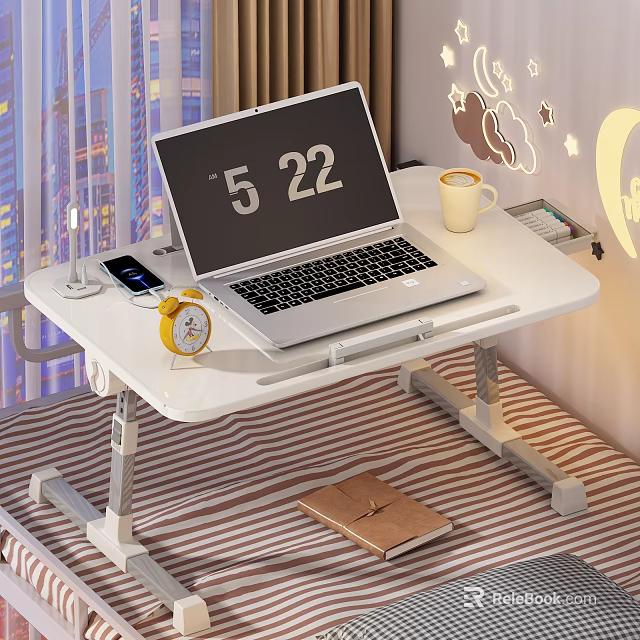 Adjustable Functional Desk with Laptop Mobile Phone Alarm Clock and Coffee Cup in Bedroom 3d model 