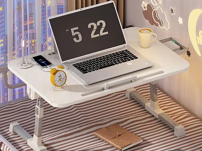 Adjustable Functional Desk with Laptop Mobile Phone Alarm Clock and Coffee Cup in Bedroom 3d model