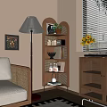 Wooden Corner Storage Shelf in Cozy Living Room With Books Decorations and Green Plants 3d model