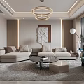 Modern Living Dining Room Interior With Beige Sofa Round Coffee Table And Decorative Painting