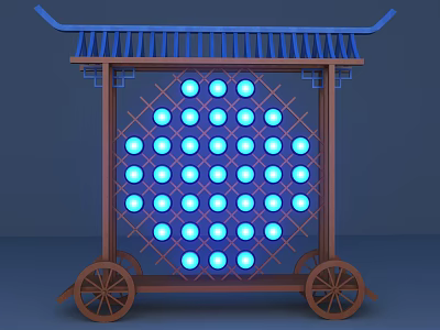 Traditional Style Commercial Equipment with Wooden Frame Blue Grid Lights and Mobile Wheels 3d model