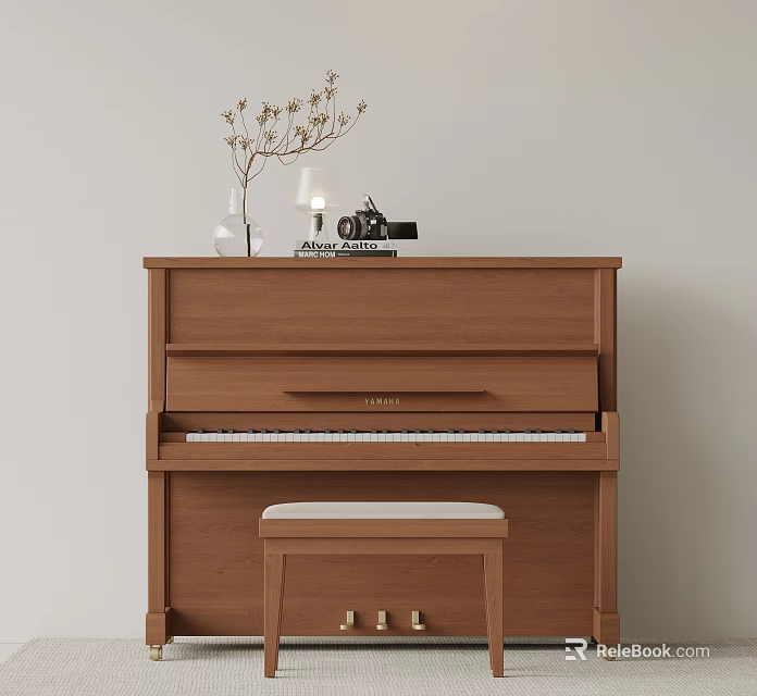 Brown Wooden Upright Piano with Bench Vase Lamp Camera and Books on Interior Wall 3d model 