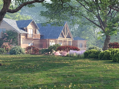 Wooden Detached Villa With Blue Roof Gabled Design and Lush Green Lawn Trees Flower Bushes 3d model