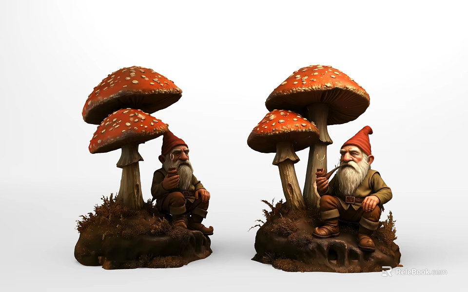 Cute Decorative Ornament Set With Red Spotted Mushrooms And Bearded Gnomes On Grassy Base 3d model 
