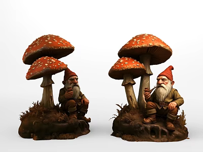 Cute Decorative Ornament Set With Red Spotted Mushrooms And Bearded Gnomes On Grassy Base 3d model