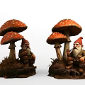 Cute Decorative Ornament Set With Red Spotted Mushrooms And Bearded Gnomes On Grassy Base