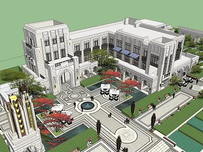 Grand Classical Building Exterior And Courtyard With Fountain Pedestrians Greenery And Walkways 3d model