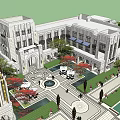 Grand Classical Building Exterior And Courtyard With Fountain Pedestrians Greenery And Walkways