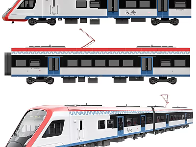 Modern Electric Passenger Train Featuring Red Blue Accents White Body And Roof Pantograph 3d model