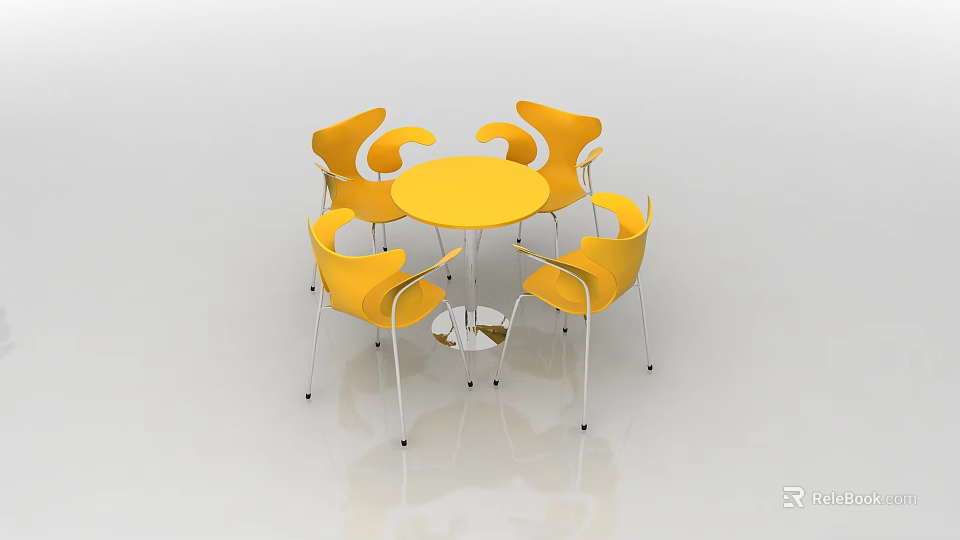 Modern Yellow Round Dining Table with Four Curved Back Chairs Set 3d model 