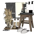 Elegant Bathroom Accessories Arranged with Grey Towel Dried Flowers Toiletries and Candle on Wooden Stool