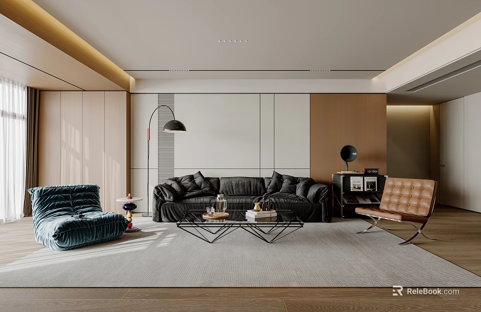 Modern Living Room Interior With Dark Sofa Blue Accent Chair And Glass Coffee Table 3d model 