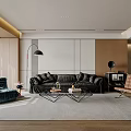 Modern Living Room Interior With Dark Sofa Blue Accent Chair And Glass Coffee Table