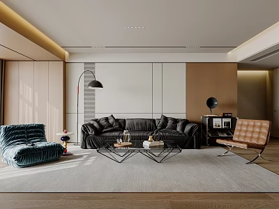 Modern Living Room Interior With Dark Sofa Blue Accent Chair And Glass Coffee Table 3d model