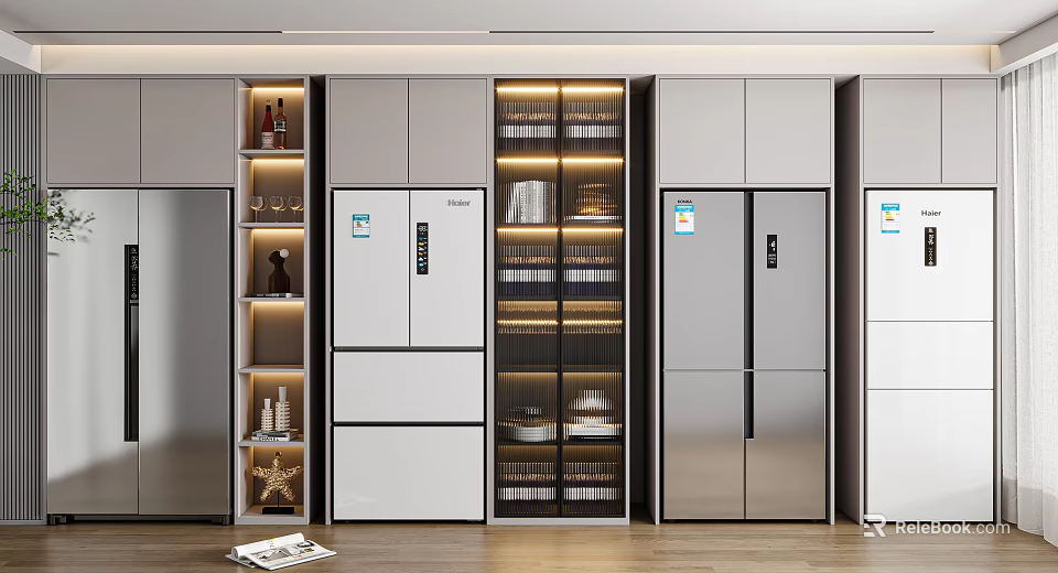 Modern Kitchen Interior With Multiple Stainless Steel Refrigerators Glass Door Cabinets And Elegant Lighting 3d model 