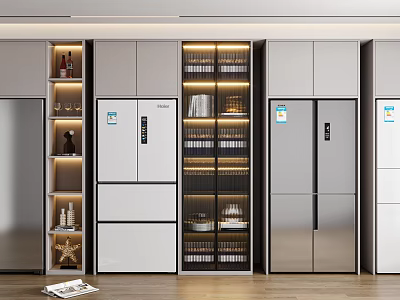 Modern Kitchen Interior With Multiple Stainless Steel Refrigerators Glass Door Cabinets And Elegant Lighting 3d model
