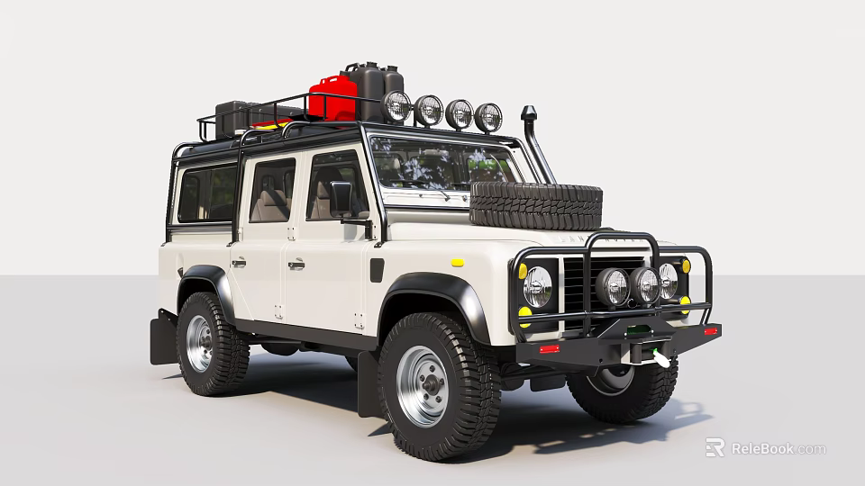 White Classic Off Road Vehicle With Roof Rack Luggage Spare Tire And Front Round Headlights 3d model 