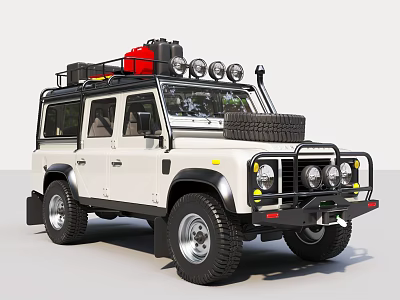 White Classic Off Road Vehicle With Roof Rack Luggage Spare Tire And Front Round Headlights 3d model