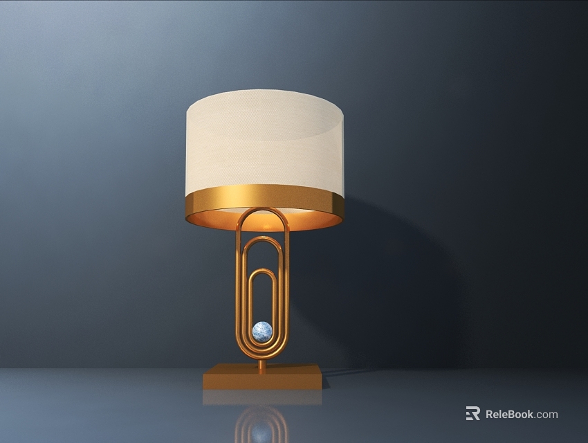 Modern Gold Metal Table Lamp With White Fabric Shade And Curved Base Design 3d model 