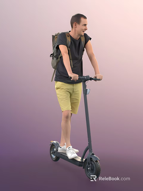 Man Riding Electric Scooter While Wearing Backpack And Casual Outfit 3d model 