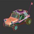 Red Open Top Dune Buggy With Roof Rack Spare Tire Headlights And Small Flag