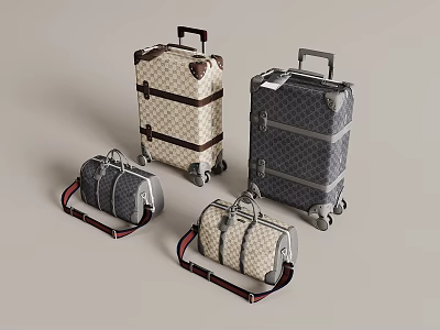 Stylish Wheeled Suitcases and Handbags with Checkered Patterns and Straps 3d model