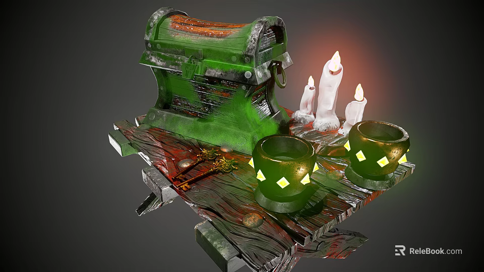 Ancient Green Treasure Chest With Lit White Candles And Green Cups On Wooden Platform 3d model 