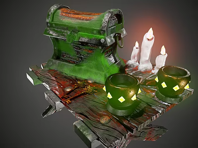 Ancient Green Treasure Chest With Lit White Candles And Green Cups On Wooden Platform 3d model