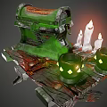 Ancient Green Treasure Chest With Lit White Candles And Green Cups On Wooden Platform