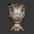 Exquisitely Carved Ceramic Vase With Golden Accents Cherubs And Architectural Design